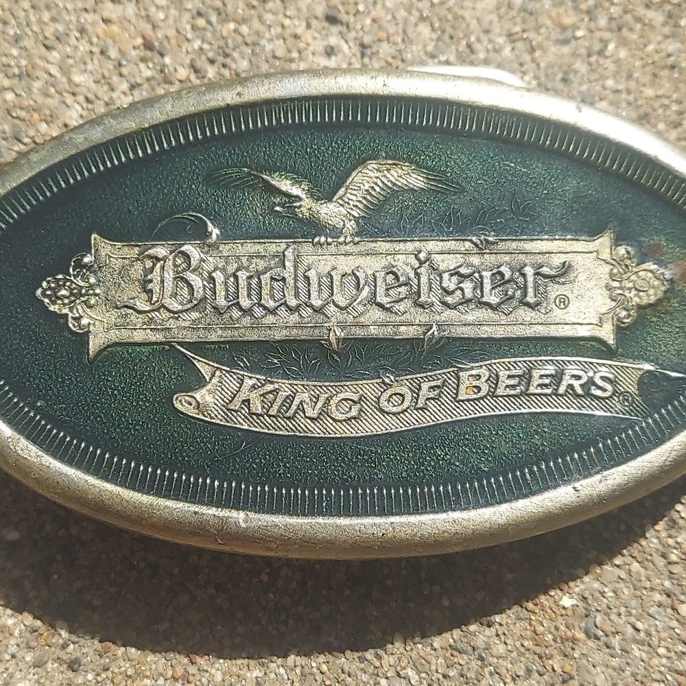 Vintage Budweiser King Of Beers  Belt Buckle Brass Tone Green Enamel 1977